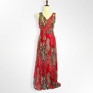 NWT Canna Pleated Red Leopard Print Floor Length Sleeveless Dress, L Mob Wife